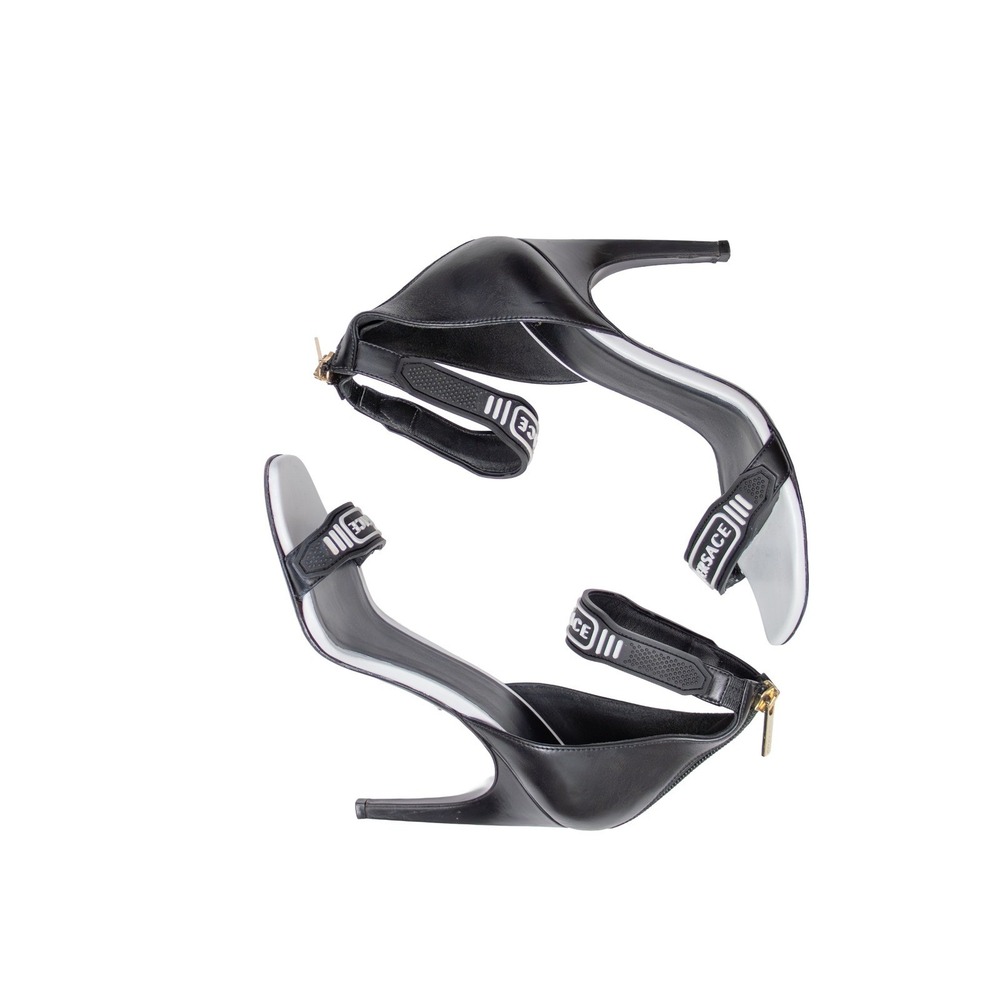 Versace Logo Strap High Heel Sandals Black Leather Ankle Strap US 7 / EU 37 - Picture 6 of 12